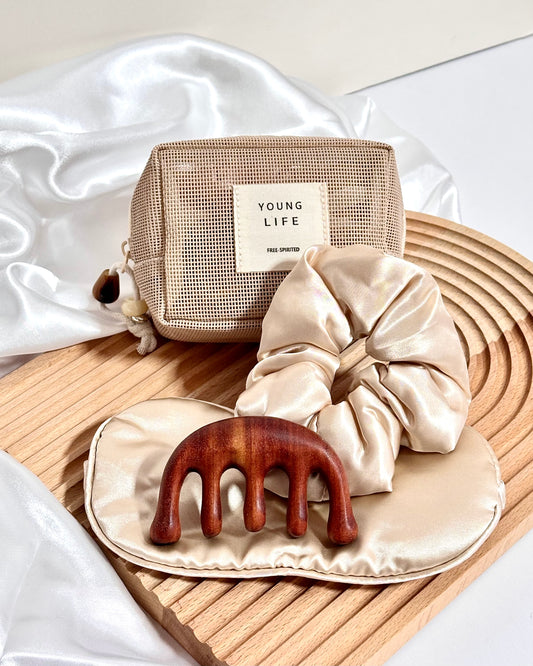 Luxury Satin Sleep Mask Scrunchie Massage Comb/ Wooden Hair Comb | Travel Pouch/Gift Set